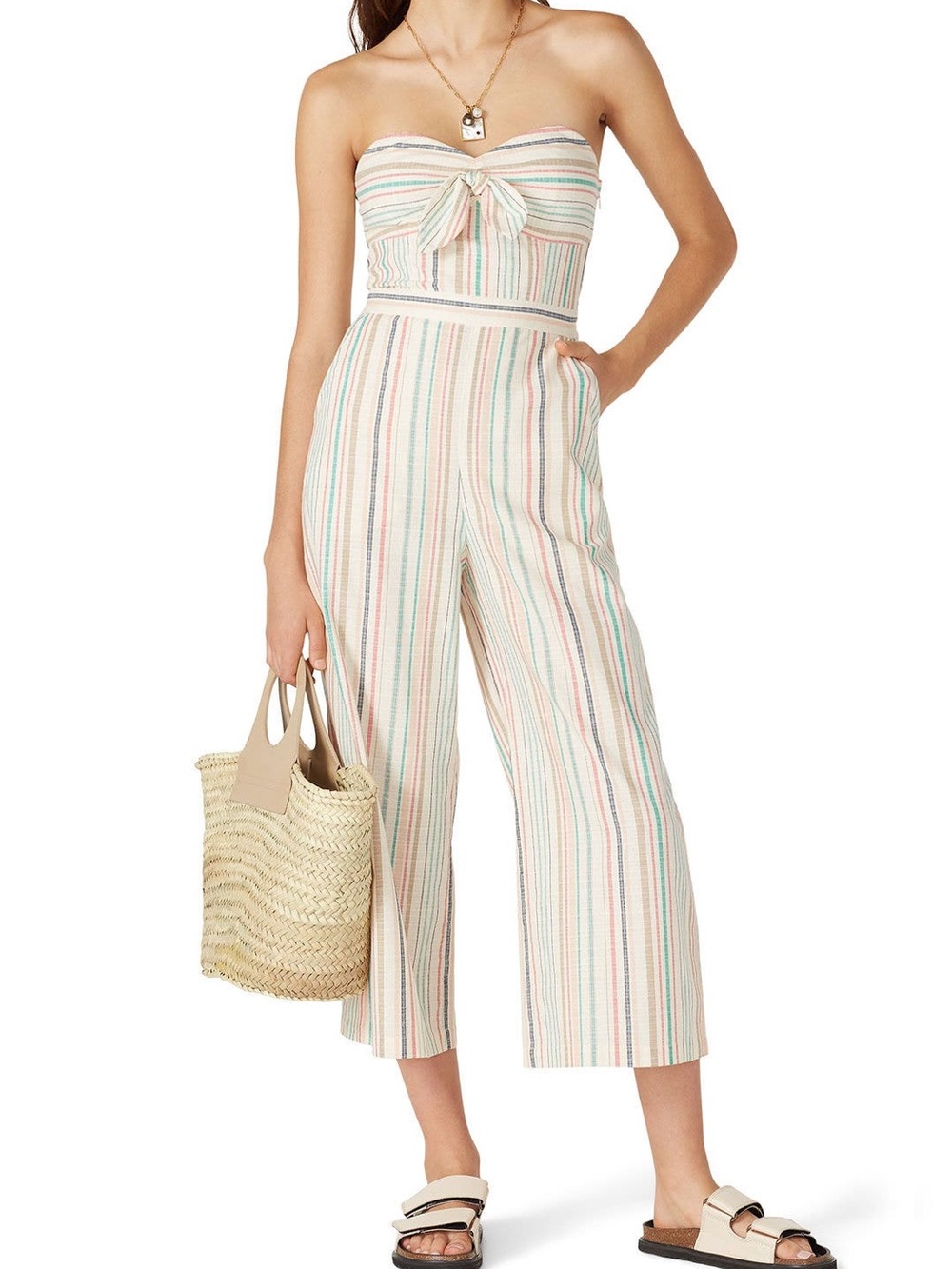 Parker Bohemia Jumpsuit Strapless Tie-Front Striped Cream Pastel Romper